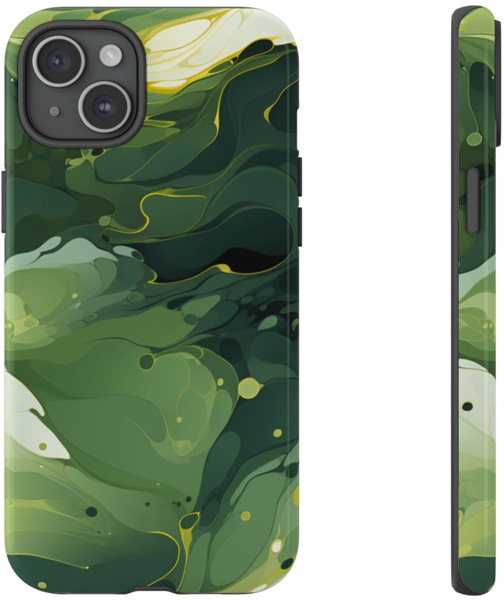 Groene Suminagashi Marmer Abstract – Telefoonhoesje Geschikt voor iPhone 15 Plus