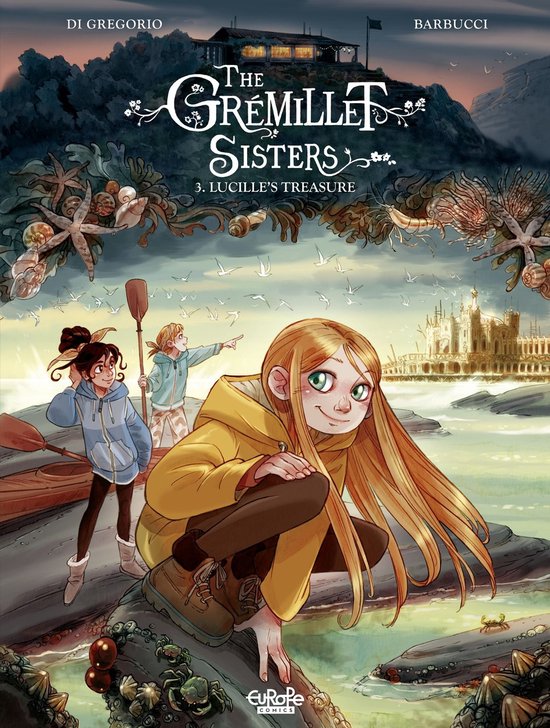 Titelpagina 'The Grémillet Sisters 3 - Lucille's Treasure'. Drie meisjes in een roeiboot bij de kust, met een kasteel op de achtergrond.