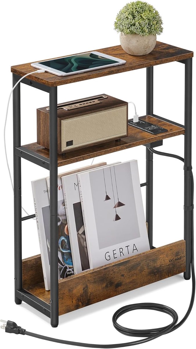WNHB® Industrieel bijzettafel met stopcontact en USB hout en metaal bruin zwart 18x45x58 cm