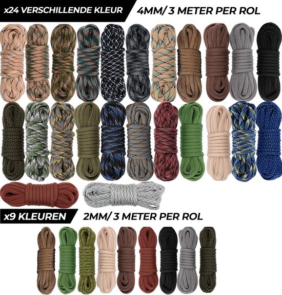 Paracord touw in 24 en 9 kleuren, in 4mm en 2mm dikte, voor het maken van armbanden en knutselprojecten