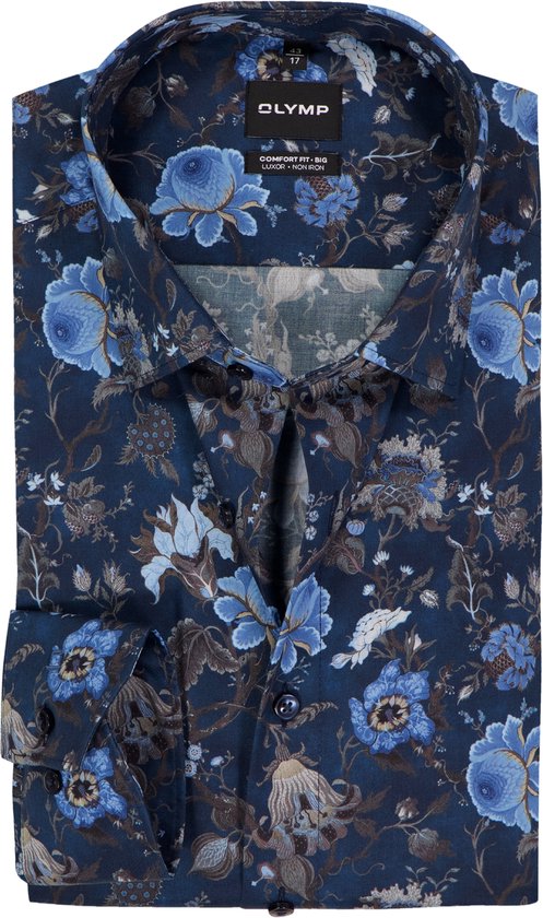 OLYMP Luxor comfort fit Big overhemd - dobby - marine blauw dessin - Strijkvrij - Boordmaat: 50
