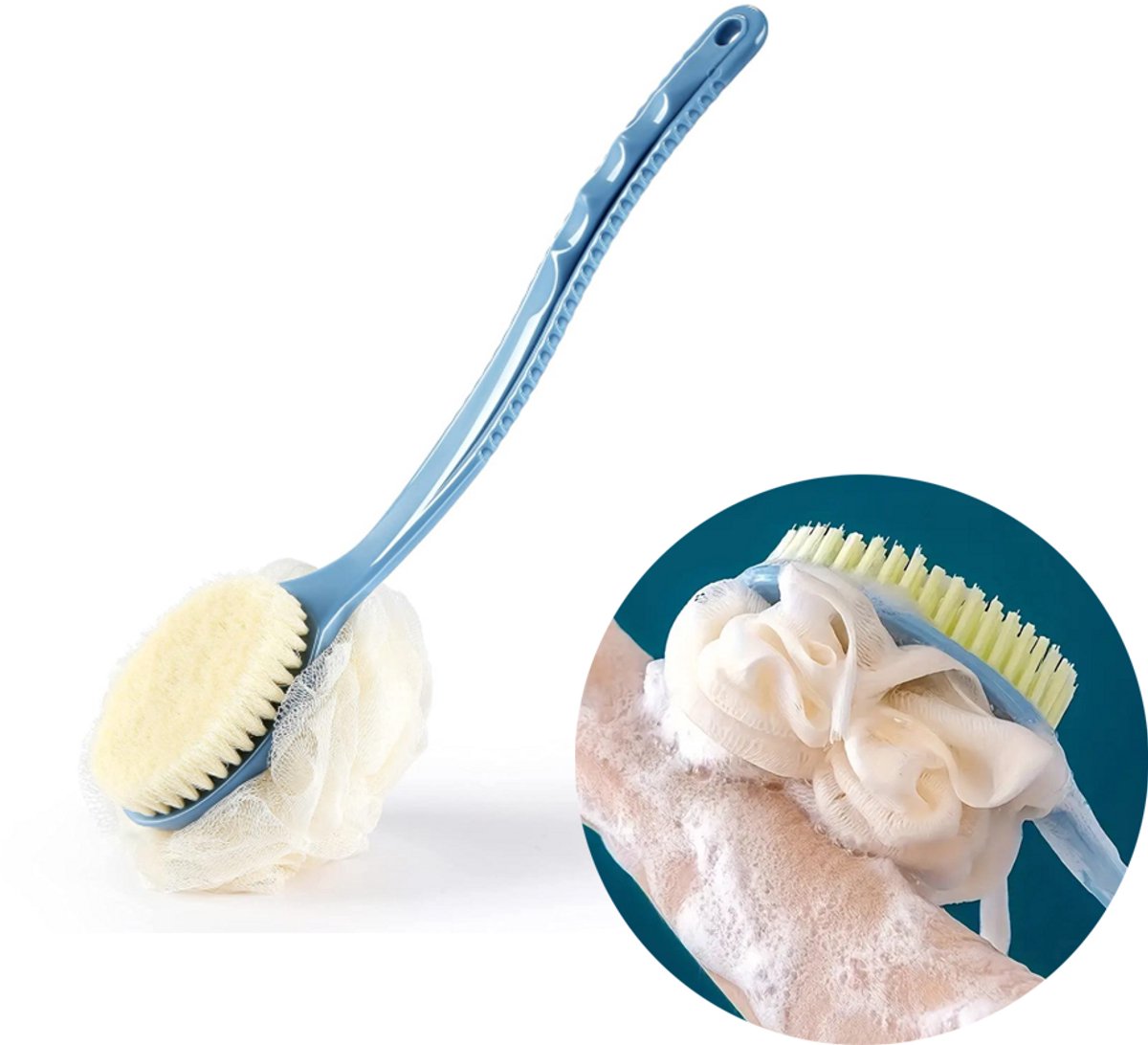 Badborstel met Lange Steel 2-in-1 - Lichaamsborstel - Huidborstel - Doucheborstel - Rugborstel - Rug Scrubber - Huidborstel Spons - Massageborstel - Handmatige Rugscrubber - Badaccessoires - Terug scrub-tool - Blauw - 1 stuk