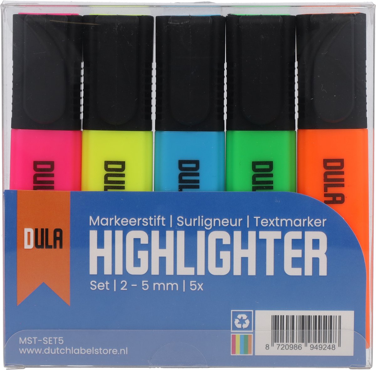 Markeerstiften gekleurd - Markeerstift - Fluostiften - Markeren - 5 kleuren - DULA
