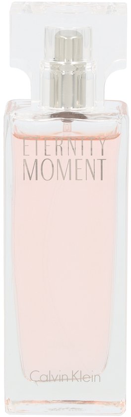Flacon de Calvin Klein Eternity Moment Eau de Parfum au liquide rose pâle.