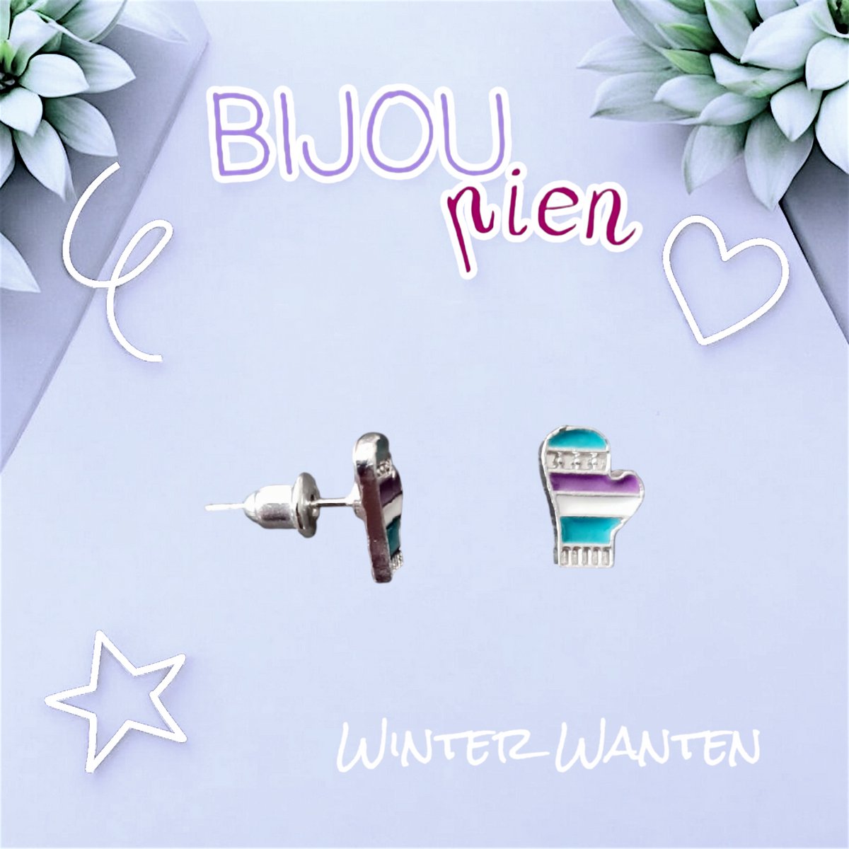 Kids Bijoux - Bijou Pien - Oorstekers Zilver Tone - Winter Wanten (paars/ aquablauw) - 10x7 mm - Kinderen jeugd vrouwen - unisex - casual
