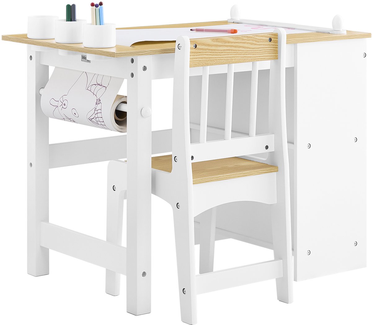 SoBuy KMB60-WN Kindertafel met Stoel, 2-delige set, tafel en stoel voor kinderen, bureau met 2 planken, papierhouders en opbergvakken, wit/Natuurel, 80 x 50 x 66 cm