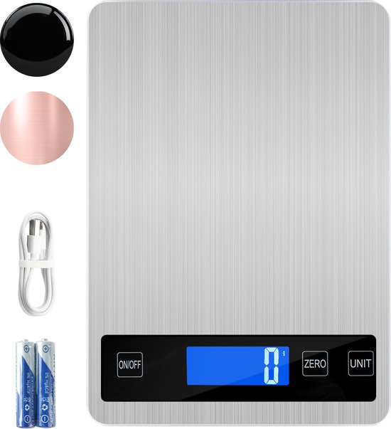 Balance de cuisine - Numérique - Rechargeable - Incl. Câble USB et Piles - Fonction Tare - 2 gr à 10 kg - Inox