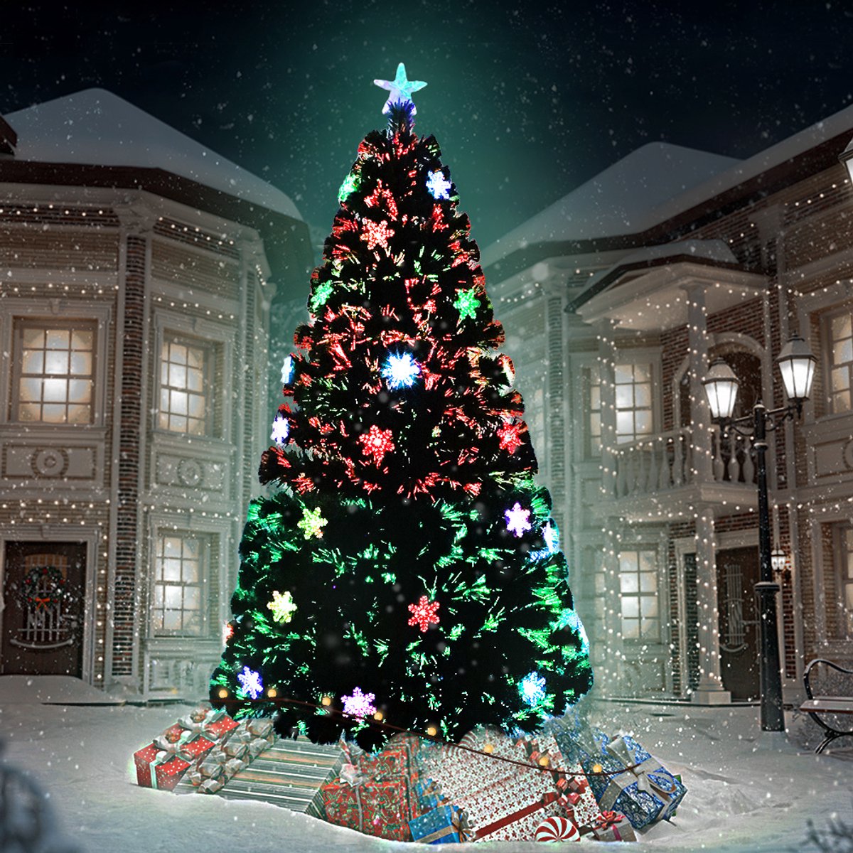210cm Kunstkerstboom met verlichting PVC dennenboom LED sneeuwvlokken glasvezel kleurverandering groene boom metalen standaard decoratieve boom kunstkerstboom met metalen standaard – foto 5