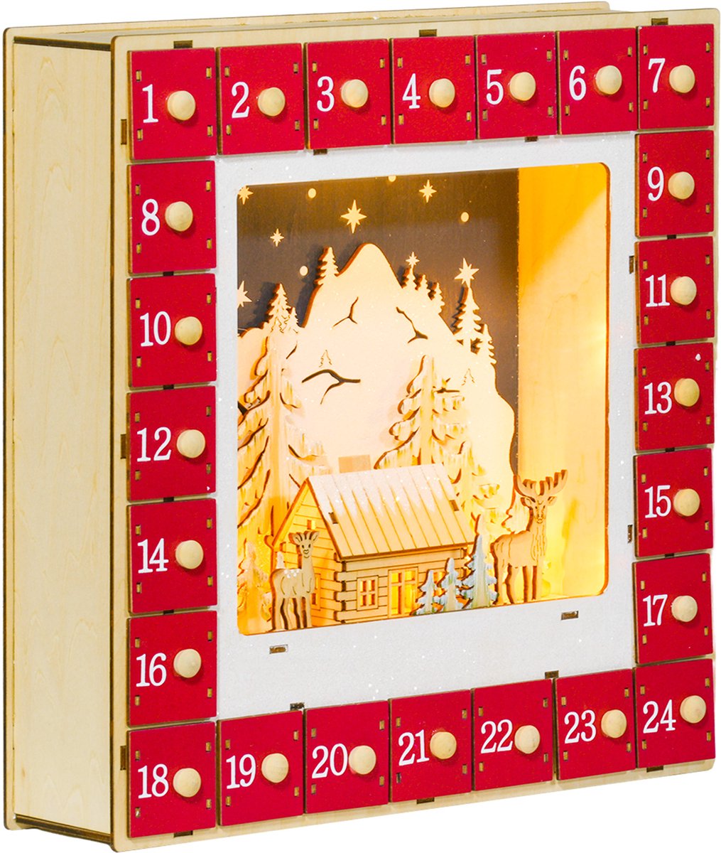 HOMCOM-Kerst Adventskalender-34x7x34cm-Multilayer Paneel-Rood
