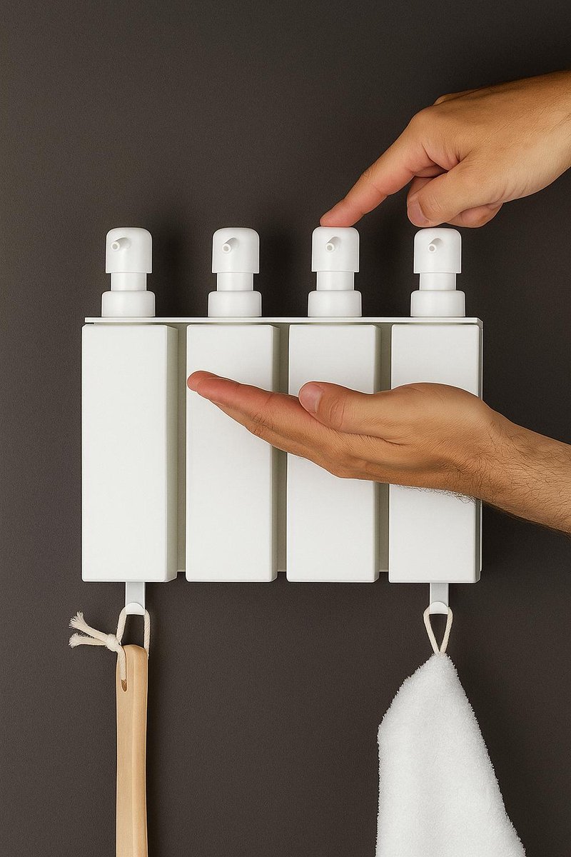 By Bresi - zeepdispenser 4 - Mat wit - Brushed RVS - Hangend - Zeepdispenser Wandmontage - Zeepdispensers - Zeeppompje - Shampoo dispenser - Wandmontage met handdoekhaakje