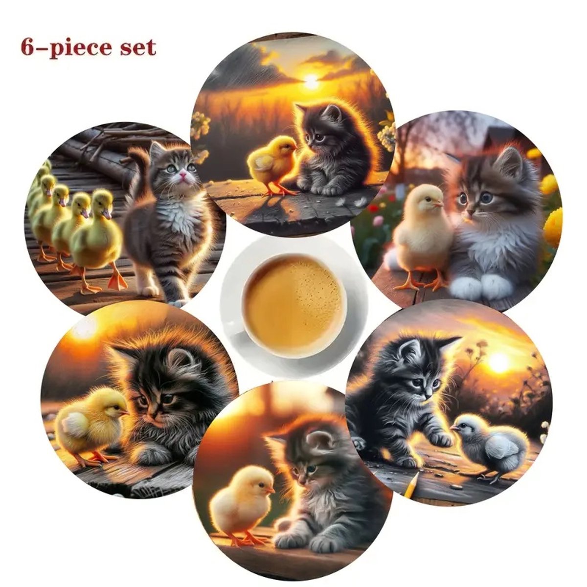 Onderzetters kittens en kuikens - set van 6 - triplex hout