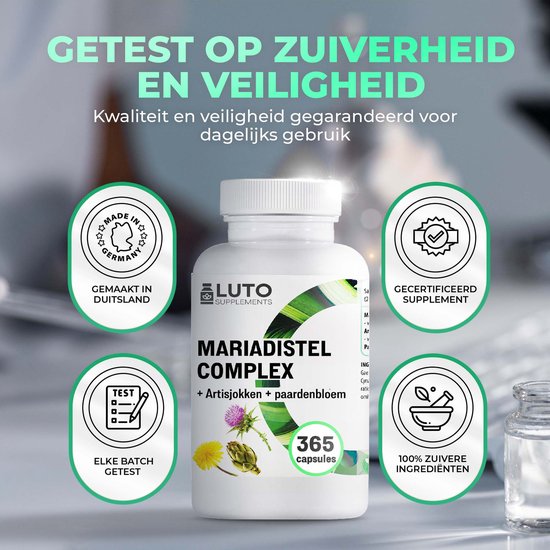 Fles LUTO Mariadistel Complex 365 capsules met artisjok en paardenbloem. Tekst 'Getest op zuiverheid en veiligheid'.