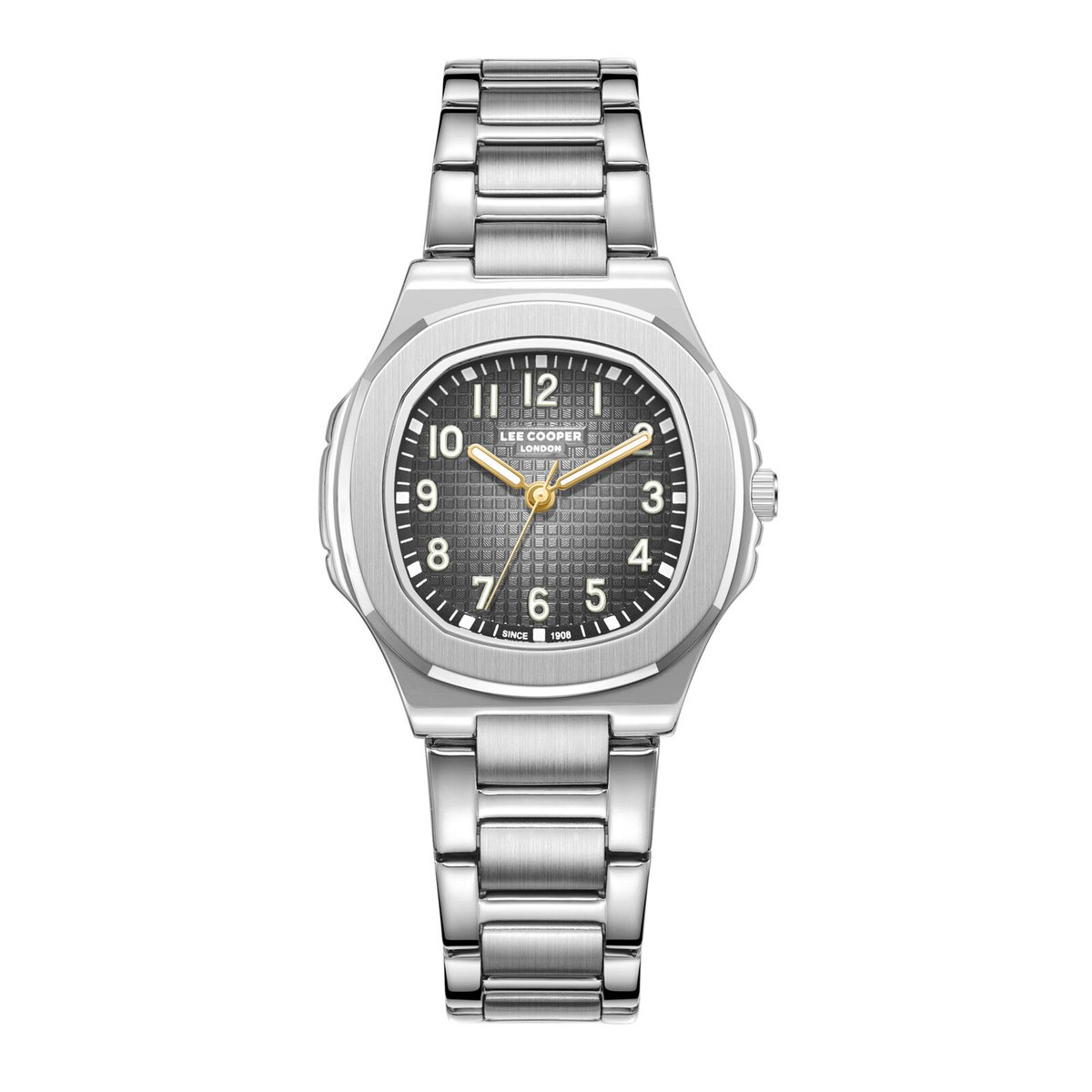 Lee Cooper LC08258.360 - Horloge - Polshorloge - Analoog - Dames - Vrouwen - Stalen band - Metaal - Vierkant - Rond - Vierkantjes - Strepen - Cijfers - Zilverkleurig - Goudkleurig - Wit - Zwart - Geel