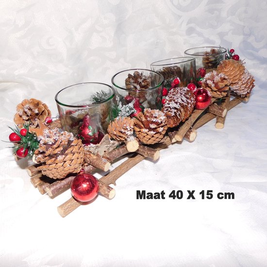 Hetty'S - Sfeervolle Waxinelichthouder – 4 lichtjes in Kerstbalvorm| Hout met Dennenappels & Hulst