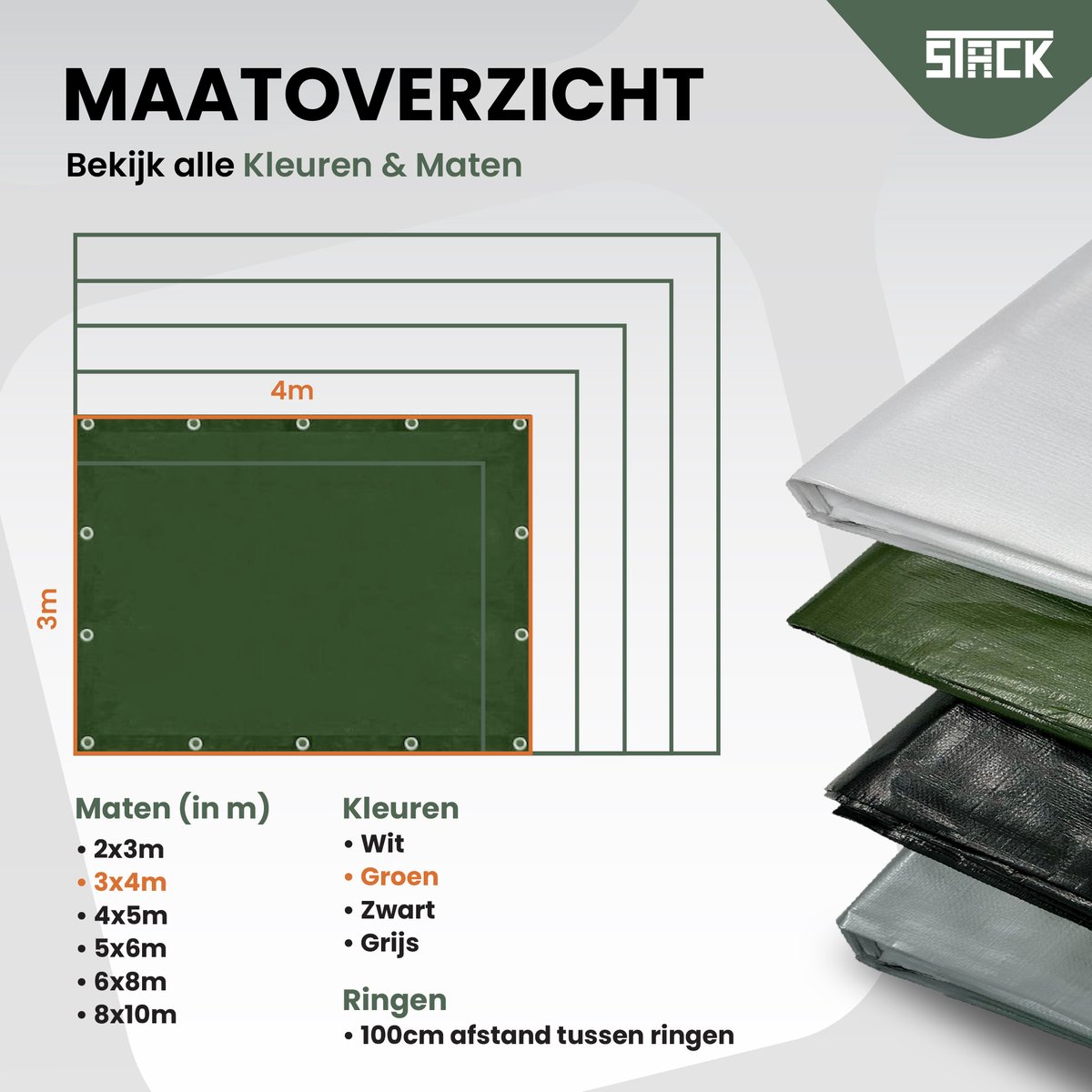 STACK® Extra Sterk Afdekzeil - 3x4m - Donker Groen - 150G/M2 - Waterdicht Bouwzeil & Zeildoek - Zeil Met Ringen - Beschermhoes & Afdekhoes voor Zwembad,Tuin Set,Motor,Scooter,Fietsen,Aanhangwagen,Scootmobiel,BBQ accesoires - Auto Hoes Bescherming — afbeelding 6