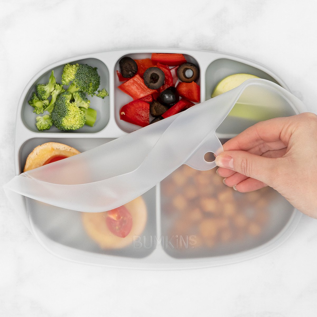 Bumkins - Silicone Grip Dish with Lid (5 Section) | Siliconen vakjesbord met deksel (5 vaks) - Grey