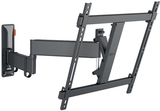 Zwarte, scharnierende tv-beugel met een lange arm die uit de muur steekt.