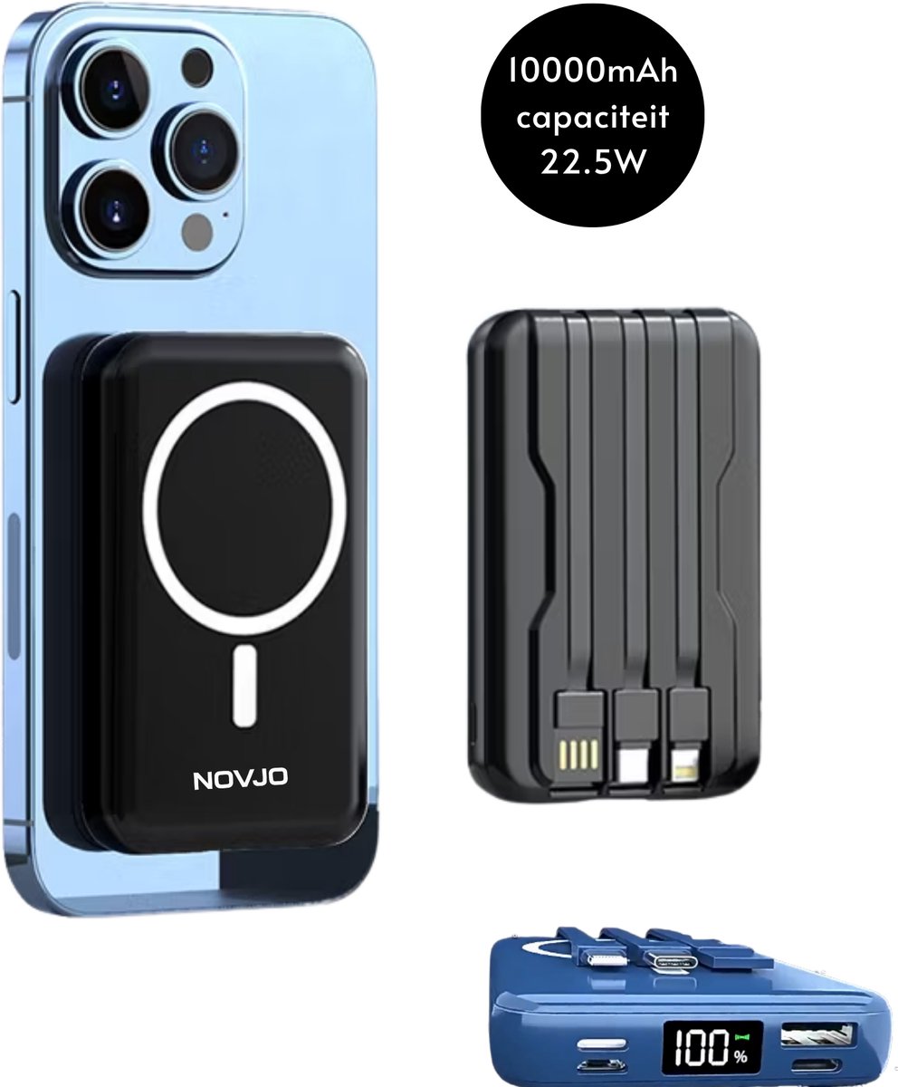 NOVJO® 3-in-1 Magnetische Draadloze Powerbank – 10000mAh – 15W Draadloos / 22.5W Snelladen – Inclusief ingebouwde kabels & LED-display – Zwart
