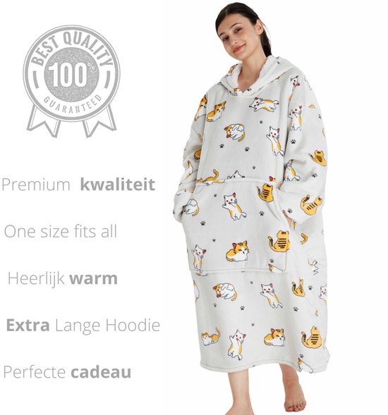 Q-Living Hoodie Deken - Extra Lang & Dik - Oversized Hoodie - Plaid Met Mouwen - Snuggle Hoodie - Fleece Deken Met Mouwen - 2000 gram - Kat Extra Lang