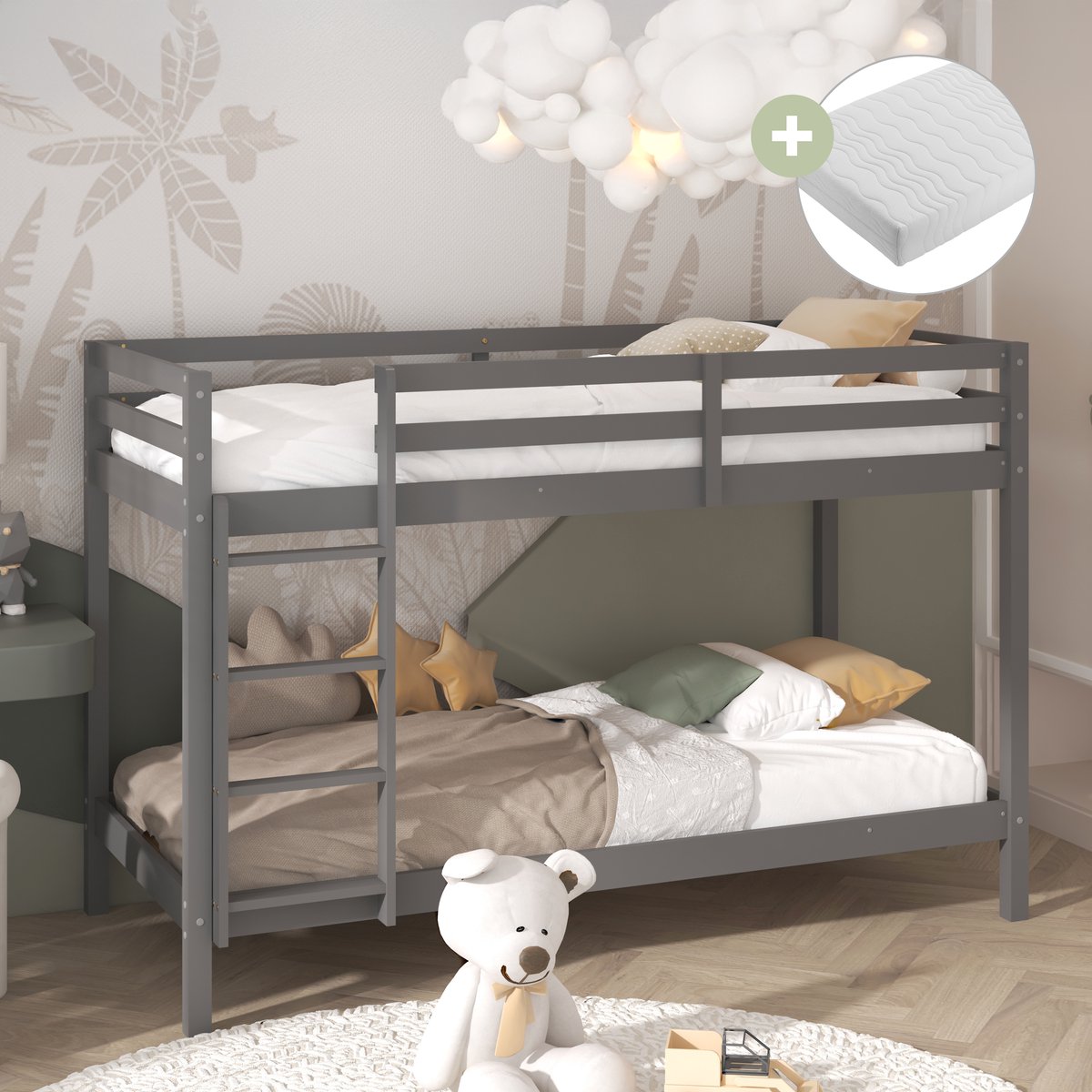 Sunny Jip Stapelbed – Met 2 Slaapplekken – Met Uitvalbeveiliging en rechte ladder - 208 x 97 x 140 cm – Peuterbed Meisjes en Jongens – FSC 100% Hout – Met Lattenbodems – Kinderstapelbed - Inclusief Matrassen – Grijs