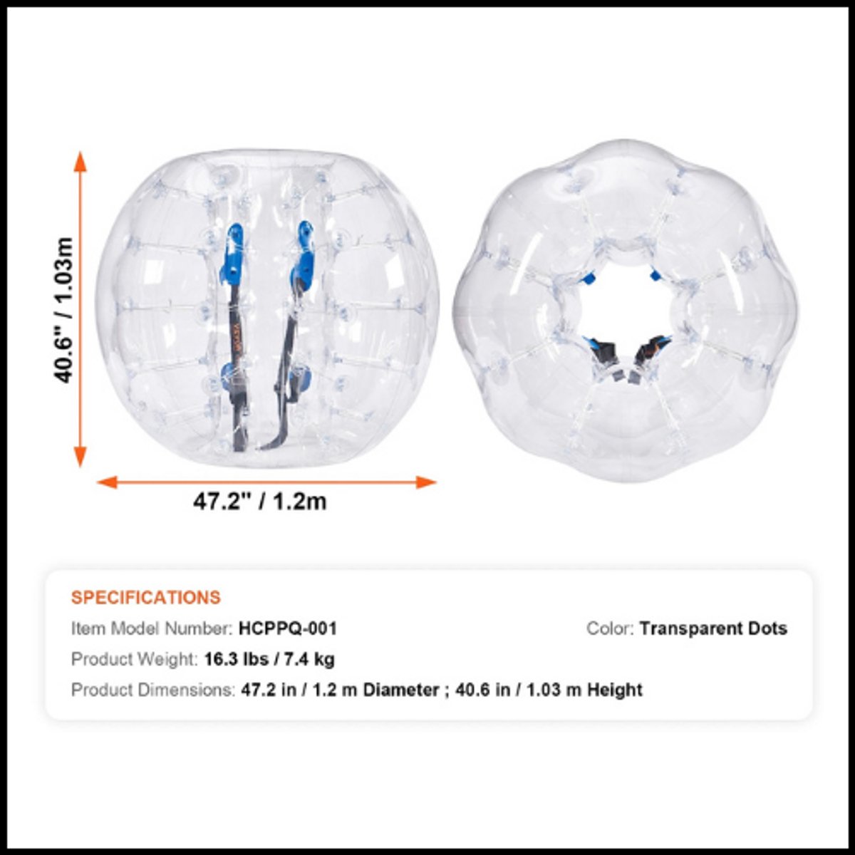Opblaasbare bumperbal 1 stuk 4ft/1,2 m - Sumo Zorb Ball - Voor Tieners & Volwassenen - Transparant PVC 0,8mm - Waterdicht & Duurzaam - Ergonomische Handgrepen - Verstelbare Schouderbanden - Inclusief Reparatieset - Indoor & Outdoor Speelplezier