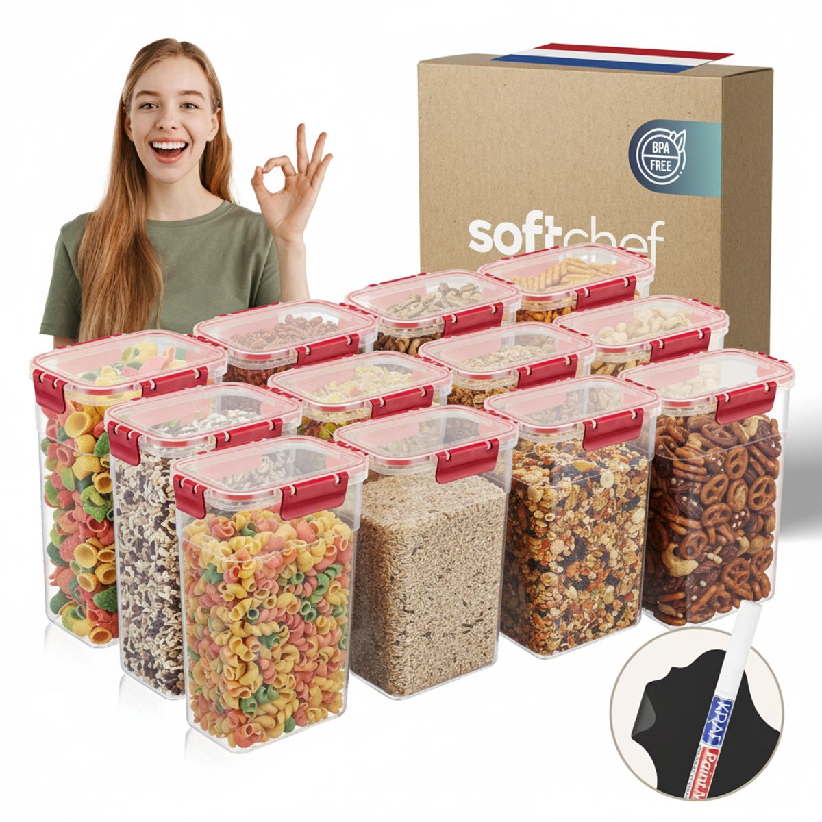 Soft Chef Clara Deep Box – 12-delige Voedselbewaarset (12×3400 ml) – BPA-vrij – Luchtdicht – Vaatwasser, Vriezer & Magnetronbestendig – Inclusief Labels & Marker – Rood Klikdeksel