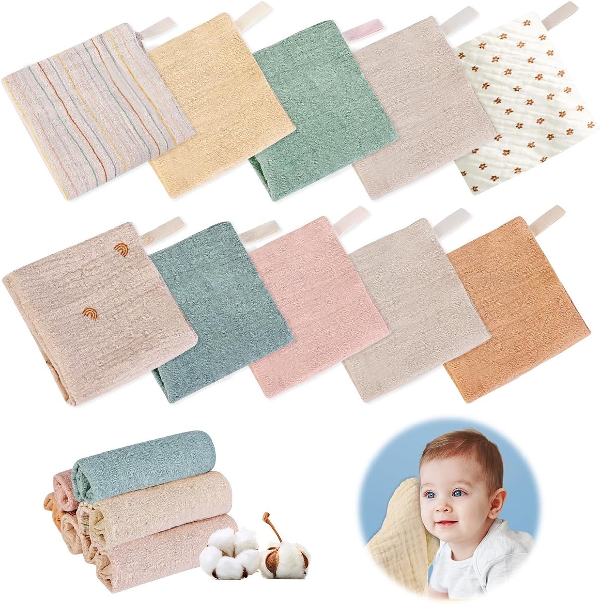 Mousseline Babywashandjes - 10 Stuks Ademend Katoen voor Baby's
