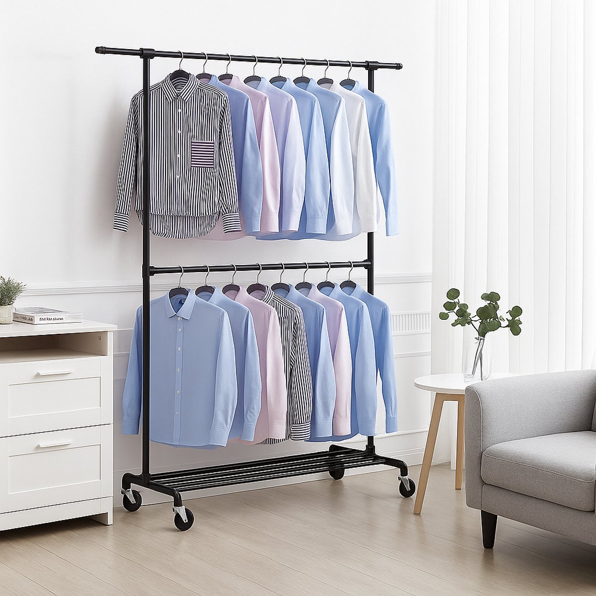 MAZAZU Kledingrek op Wieltjes – Zwart/Metalen Garderoberek – 2 Stangen Kleerhangerrek – Verstelbaar Kledingstandaard – 130x49x198 cm - MIRA Home