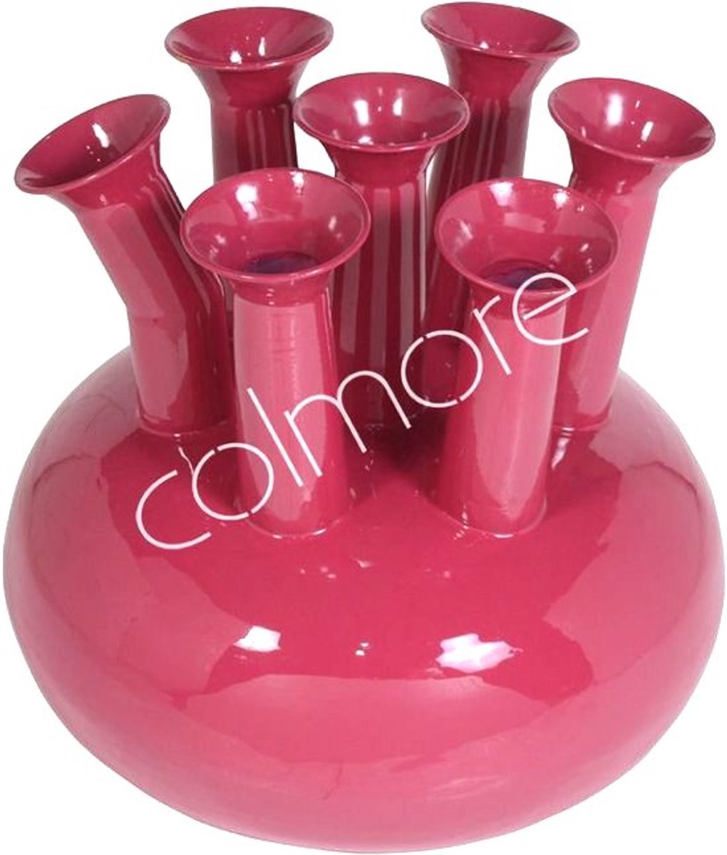 Colmore by Diga fuchsia roze emaille toeter/tulpenvaas met 7 tuiten 39 x 39 x 38cm