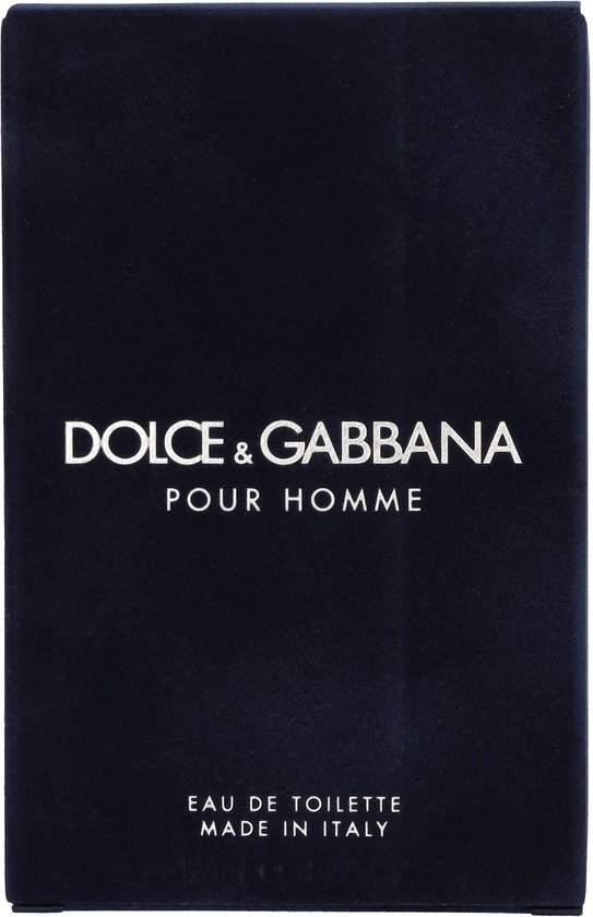 Dolce & Gabbana Pour Homme Eau de Toilette, gemaakt in Italië, in een donkerblauwe doos.