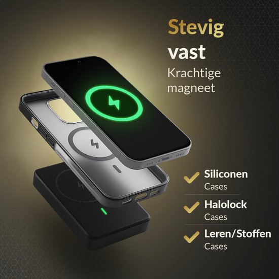 Zwarte powerbank met sterke magneet bevestigt aan diverse telefoonhoesjes: siliconen, halolock, leer/stof.