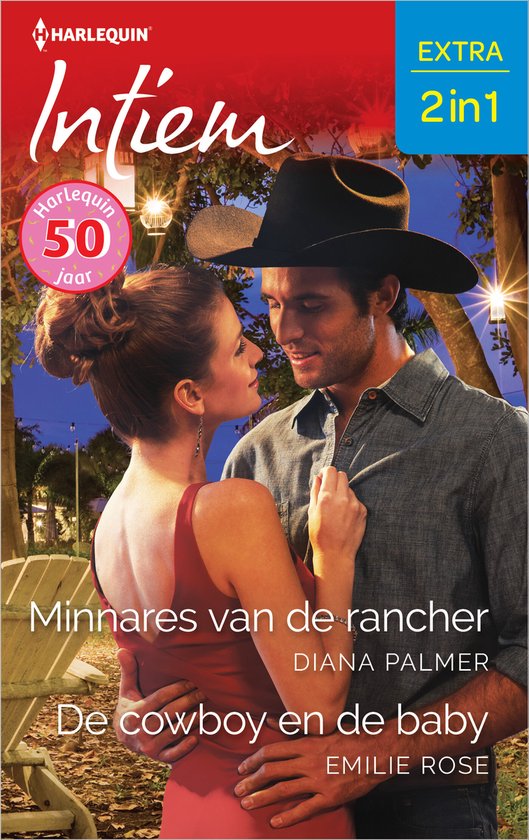 Een man met een cowboyhoed en een vrouw in een rode jurk, met "Intiem Extra 2in1" en "Harlequin 50 jaar".