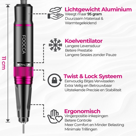 FOOCCA® Elektrische Nagelvijl - Nagelfrees 45000 RPM - Desktop Pro - LED Verlichting - 12 Bitjes + 65 Schuurrolletjes + 2 Accessoires - Nagelstofkap - Manicure en Pedicure Set - Eeltverwijderaar - Kalknagels