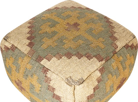 Lichtgroene poef met geometrisch patroon in okergeel en bruin, van jute.