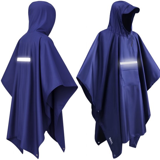 Blauwe poncho met capuchon, voor- en achterkant tonen reflecterende strip.