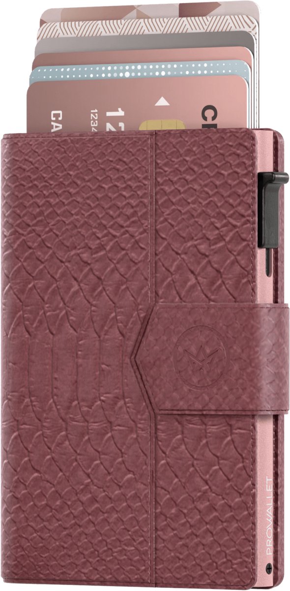 Prowallet Plus - Snake Bordeaux - Pasjeshouder voor 8 pasjes, briefgeld en muntgeld - Uitschuifbaar - RFID Creditcardhouder - Kaarthouder Portemonnee, Premium Pashouder voor Vrouwen - Aluminium, Kunstleer - Incl. Luxe Cadeaubox