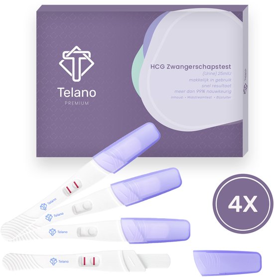 Verpakking en vier Telano zwangerschapstesten met paarse doppen. De tekst vermeldt "HCG Zwangerschapstest" en "4X".