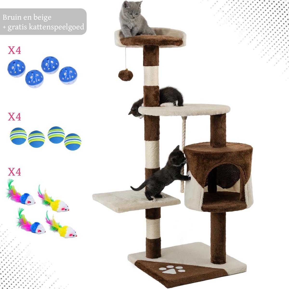 Kattenkrabpaal met grot, sisalstammen & speelaccessoires – 112 cm – krabpaal – voor katten – Bruin en beige