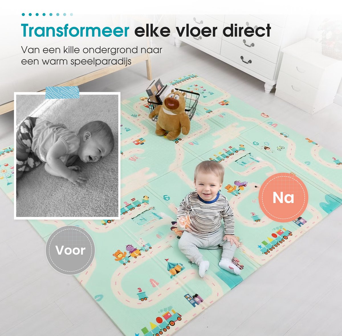 Speelmat – Speelkleed - Babygym Kinderen – Zachte Kruipmat met autowegen en dieren – Boxkleed - Speelmat foam - Baby - Opvouwbaar - 150x200 cm - Babyshower - Inclusief opbergtas — afbeelding 7