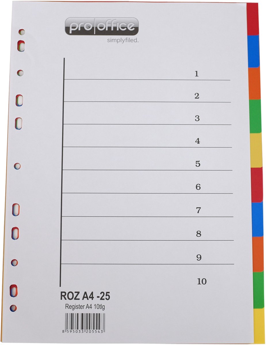 proOFFICE kunststof tabbladen, blanco, A4, 10-delig