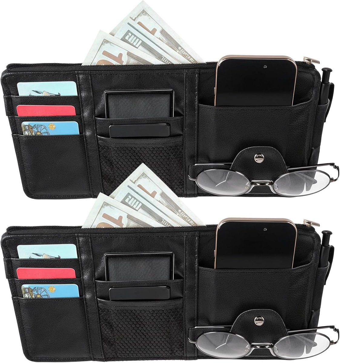 Image of 2 stks Auto Zonneklep Organizer - Generieke PU Lederen Auto Opslag Organizer - Universele Zonneklep voor Auto met Multi-Pocket voor Zonnebril Documenten Kaarten Pen Drivers Licentie en Meer (zwart)