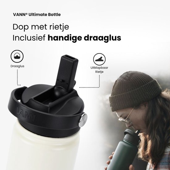 VANN® 3-Wandige RVS Drinkfles 650 ML met rietje voor volwassenen – Met 5 accessoires – Thermosfles – 24 uur koud/12 uur warm – Satin Noir – VANN Ultimate Bottle®