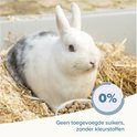 Wit konijn met grijze vlekken in een kooi, met een bakje brokjes en tekst '0% suikers'.