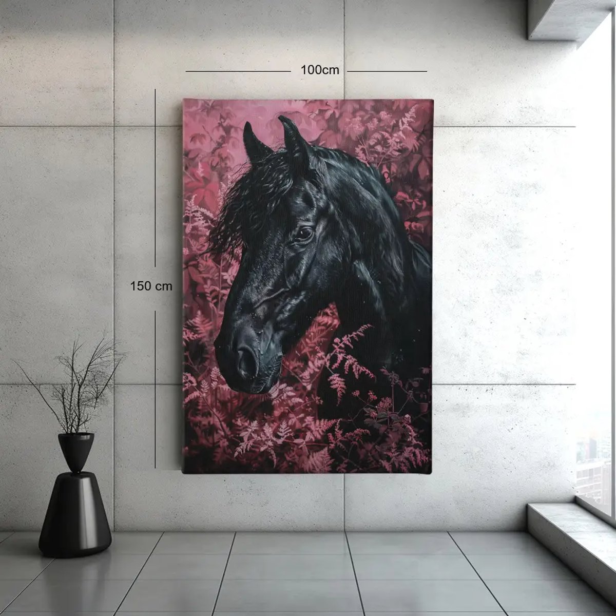 Trendex Global Canvas Schilderij - Zwart Paard met Roze Achtergrond - 150x100x2 cm