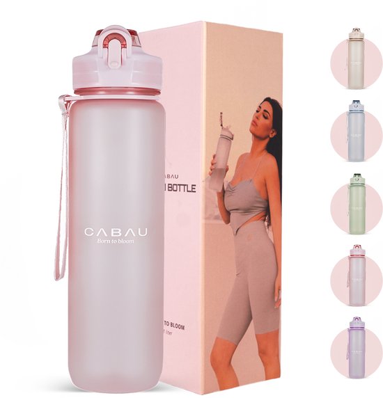 Cabau Bloom Waterfles / Drinkfles - 1 liter - Soft Pink - Handige drinktuit & unieke maataanduiding - BPA- & Lekvrij - Drinkfles met rietje volwassenen - Drinkfles volwassenen - Drinkfles 1 liter - Verschillende drinkflessen - Cadeau voor haar