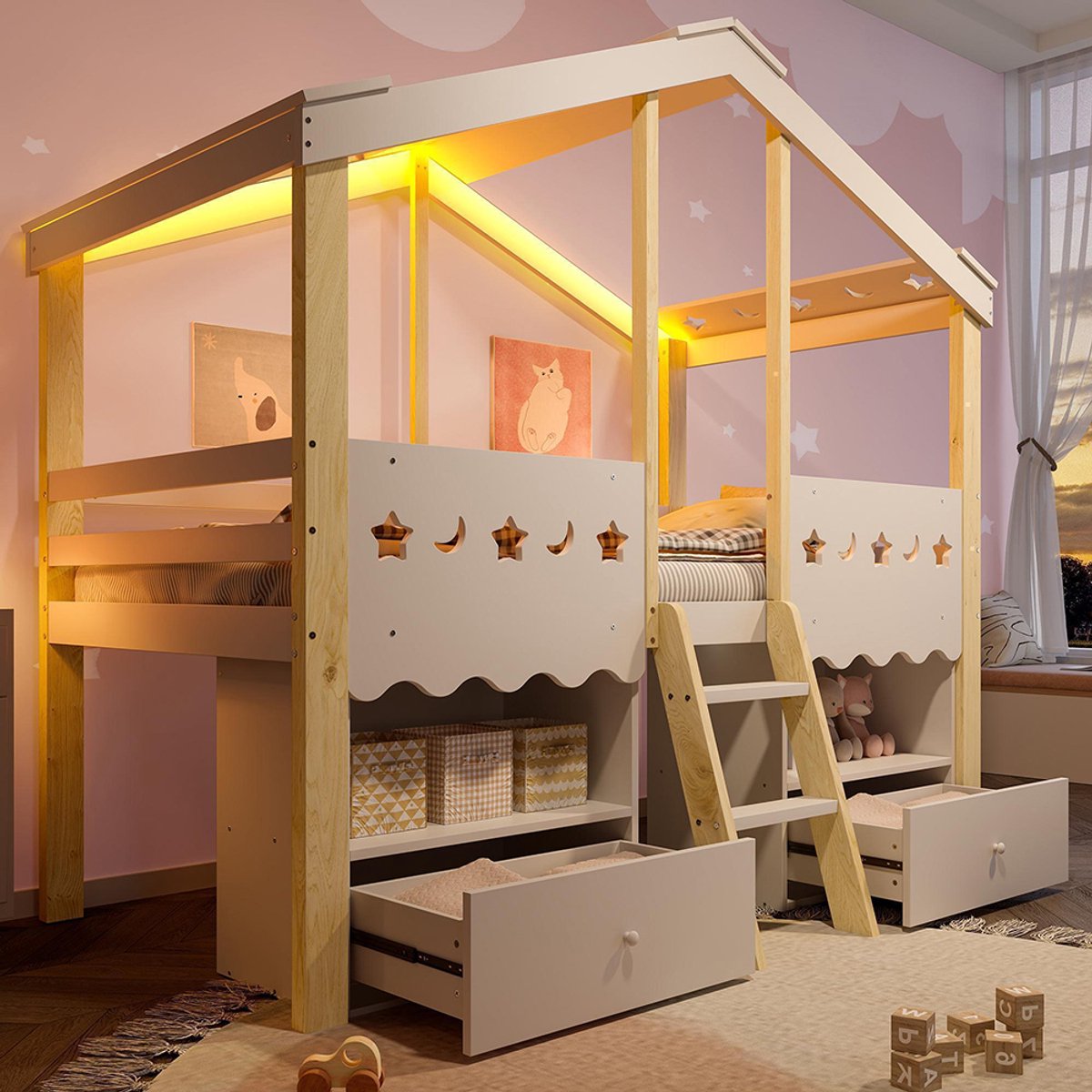KOMHTOM Halfhoog bed, 90 x 200 cm, in de vorm van een huis, hoogslaper, 2 lades, led-lichtstrip, zonder matras, wit + naturel Wit+Natuurlijk