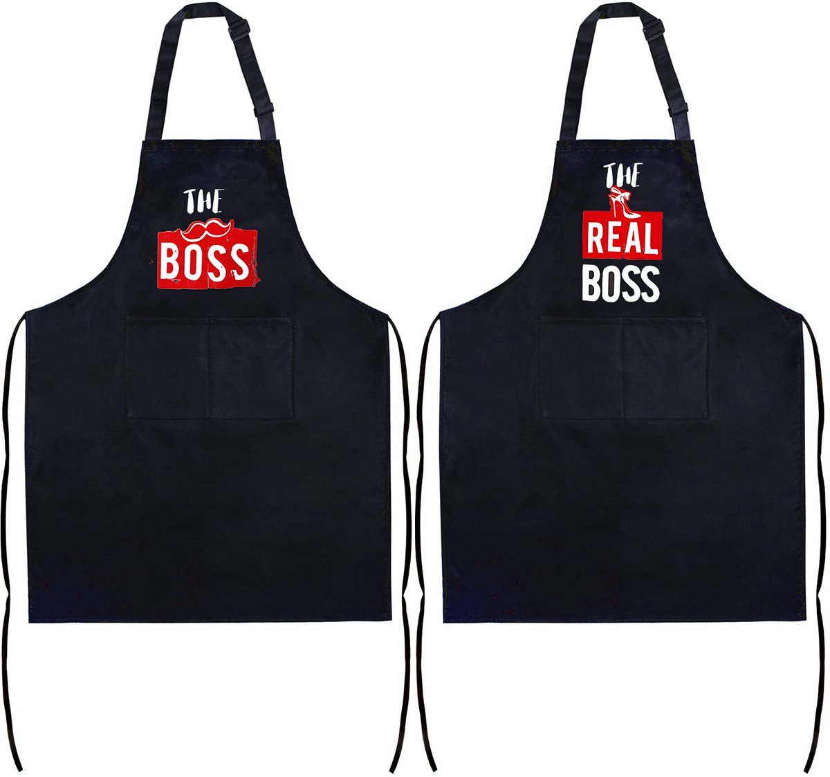 2Pcs The Boss Black Apron Set Funny Couples Apron Adjustable Kitchen Cooking Bib Apron Wedding Birthday Engagement Bridal Shower Gift for Couples and Newlyweds, Black + Black, M, Black + Black
