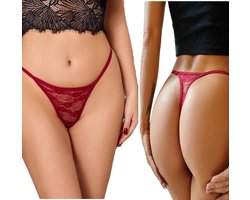Luxe Erotische Slip I Sexy Slipje Met Bloemen I Kanten String I Erotisch Ondergoed I Maat M I Rood