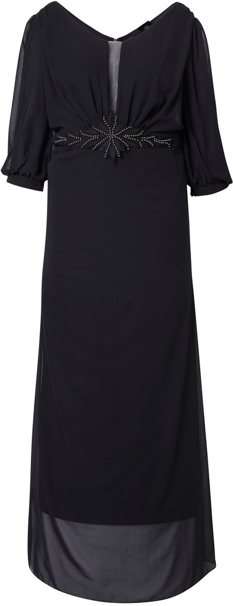 Ulla Popken - Dames - Chiffon maxi-jurk dubbellaags V-hals 3/4-mouwen - Zwart - Maat 50