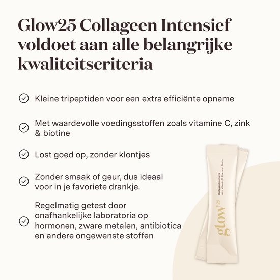 Twee Glow25 collageen sticks met tekst over kwaliteitscriteria.
